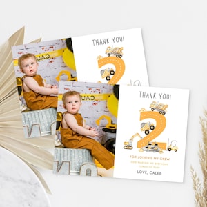 CONSTRUCTION Birthday Party Thank You Card Template, 2nd Birthday Photo Thank you card, Construction Second Birthday Printable Card BD21