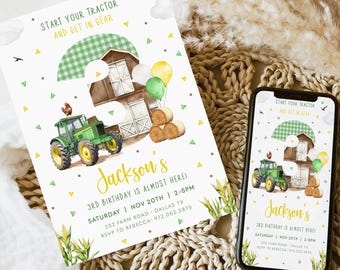 May include: A green and yellow tractor with a red rooster on the side is driving past a brown barn with a green and white chequered roof. The text "Start your tractor and get in gear" is at the top of the invitation. The invitation is for Jackson's 3rd birthday party. The party is on Saturday, 20th November from 2-5pm. The address is 252 Farm Road, Dallas, TX. RSVP to Rebecca at 972.052.3875.