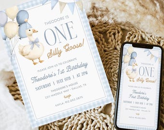 One SILLY GOOSE Birthday Invitation Template, Editable Silly Goose First Birthday Invitation,Silly Goose Birthday Invite,Geese Birthday BD76