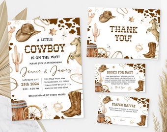 LITTLE COWBOY Editable Baby Shower Invitation Template Set, Printable Wild West Baby Shower Invite Bundle, Country Western Sprinkle BS75