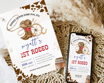 FIRST RODEO Invitation Template | Printable Wild West Birthday Invite, Boy Cowboy Birthday Invitation, Editable My 1st Rodeo Invitation BD02