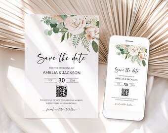 May include: A save the date card with a floral design and a QR code. The card says "Save the date" for the wedding of Amelia & Jackson on September 30, 2023. The text "Please scan to view our wedding website & additional wedding details" is below the QR code.
