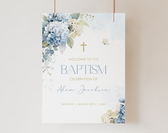 Boy BAPTISM Invitation WELCOME Sign Template, First Communion, Baptism Welcome Sign, Baby Blue Christening, Baby Boy Baptism Sign BT10