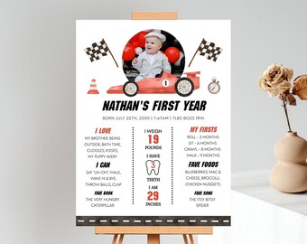 May include: A red and white race car themed first birthday poster with a photo of a baby boy. The poster includes details about the baby's first year, including weight, height, firsts, favorite foods, and favorite book. The text on the poster reads "Nathan's First Year" and includes the baby's birthdate, time, and weight.