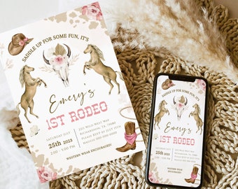 Boho FIRST RODEO Invitation Template, Printable Wild West Birthday Invite, Cowgirl Birthday Invitation,Editable My 1st Rodeo Invitation BD06