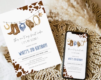 2ND RODEO Birthday Invitation Template, Our little Cowboy is Two Wild West 2nd Birthday Invite, This Ain't My First Rodeo Cowboy Birthday
