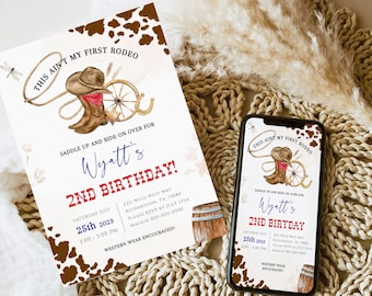 2ND RODEO Birthday Invitation Template, Little Cowboy is Two Wild West 2nd Birthday Invite, This Ain't My First Rodeo Cowboy Birthday BD02