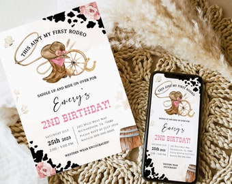 2ND RODEO Birthday Invitation Template, little Cowgirl is Two Wild West 2nd Birthday Invite, This Ain't My First Rodeo Cowboy Birthday BD03