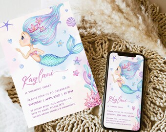 MERMAID Invitation Template Set, Little Mermaid Pool Party Invitation, Editable Mermaid Birthday Invitation, 3rd Birthday Digital Invitation