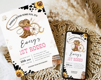 FIRST RODEO Invitation Template, Printable Wild West Birthday Invitation, Cowgirl Sunflower Invitation, Editable My 1st Rodeo Invitation