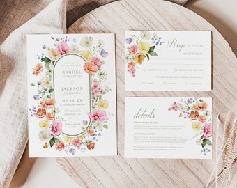 Garden Flowers Wedding Invitation Template Set, Wildflower Wedding Invite Digital Wedding Invitation, Floral Wedding Invitation Suite WED8
