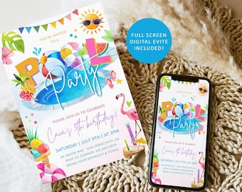 POOL PARTY Invitation Template, Printable Summer Party Birthday Invite, Girl Birthday Invitation, Editable Swimming Pool Party Invite BD21