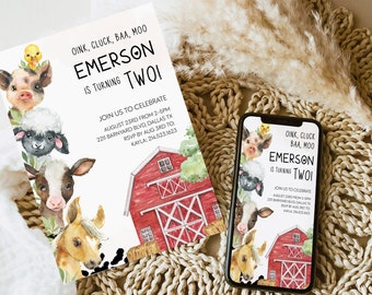 FARM BIRTHDAY Invitation Template | Farm Animals Cow Birthday Digital Invitation, Farm Birthday Party Editable Kids Birthday Invitation