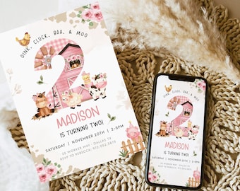 FARM BIRTHDAY Invitation Template, Editable 2nd Birthday Barnyard Birthday Invite, Barn Second Birthday Invitation Farm Birthday Party BD35