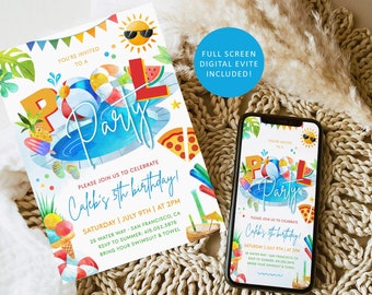 May include: A colorful pool party invitation with the text "You're invited to a Pool Party" and "Caleb's 5th birthday!" The invitation includes a pool, a watermelon, a pizza slice, and a popsicle.