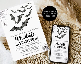 HALLOWEEN Birthday Invitation Template, Bats Halloween Birthday Party Editable Invitation, Halloween Party Digital Invitation Set BD27