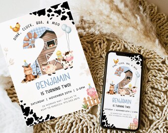 FARM BIRTHDAY Invitation Template, Editable 2nd Birthday Barnyard Birthday Invite, Barn Second Birthday Invitation Farm Birthday Party BD38