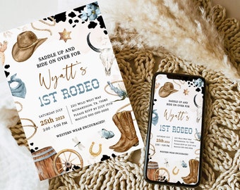 FIRST RODEO Invitation Template | Printable Wild West Birthday Invite, Boy Cowboy Birthday Invitation, Editable My 1st Rodeo Invitation BD05