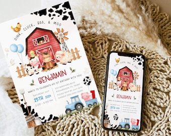 Farm Animals FARM BIRTHDAY Invitation Template, Editable Barnyard Birthday Invite,Red Barn Cow Birthday Invitation Farm Birthday Party BD34