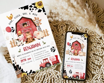 Farm Animals FARM BIRTHDAY Invitation Template, Editable Barnyard Birthday Invite,Red Barn Cow Birthday Invitation Farm Birthday Party BD49
