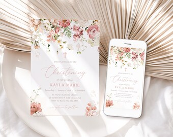 BAPTISM Invitation Girl, First Communion Invitation Template, Floral Girl Christening Digital Invitation, Editable Invitation Suite BT1