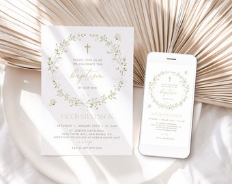 Boy BAPTISM Invitation, First Communion Invitation Template, Floral Girl Christening Digital Invitation, Editable Invitation Suite BT4