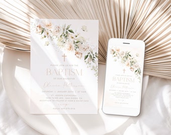 BAPTISM Invitation Girl, First Communion Invitation Template, Floral Girl Christening Digital Invitation, Editable Invitation Suite BT3