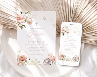 BAPTISM Invitation Girl, First Communion Invitation Template, Floral Girl Christening Digital Invitation, Editable Invitation Suite BT2