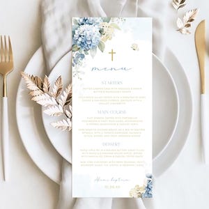 Boy BAPTISM Menu Template, First Communion dinner menu, Bautizo Floral Boy Christening Menu Card, Printable Editable Boho Menu Template BT10