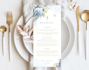 Boy BAPTISM Menu Template, First Communion dinner menu, Bautizo Floral Boy Christening Menu Card, Printable Editable Boho Menu Template BT10