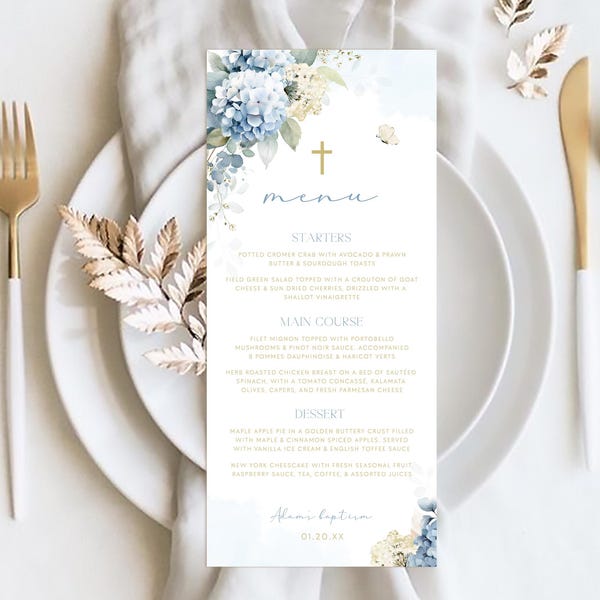 Boy BAPTISM Menu Template, First Communion dinner menu, Bautizo Floral Boy Christening Menu Card, Printable Editable Boho Menu Template BT10