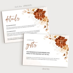 May include: A white wedding details card with brown floral accents. The front side includes information about transportation and accommodation. The back side has a note on gifts, stating that the presence of friends and family is the greatest gift of all. However, if guests wish to give a gift, a contribution to the wishing well is greatly appreciated.