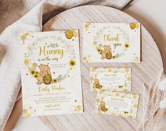 Classic Winnie The Pooh Baby Shower Invitation Template Set, Editable Winnie The Pooh Invitation,Winnie The Pooh Party Bee Baby Shower BS101