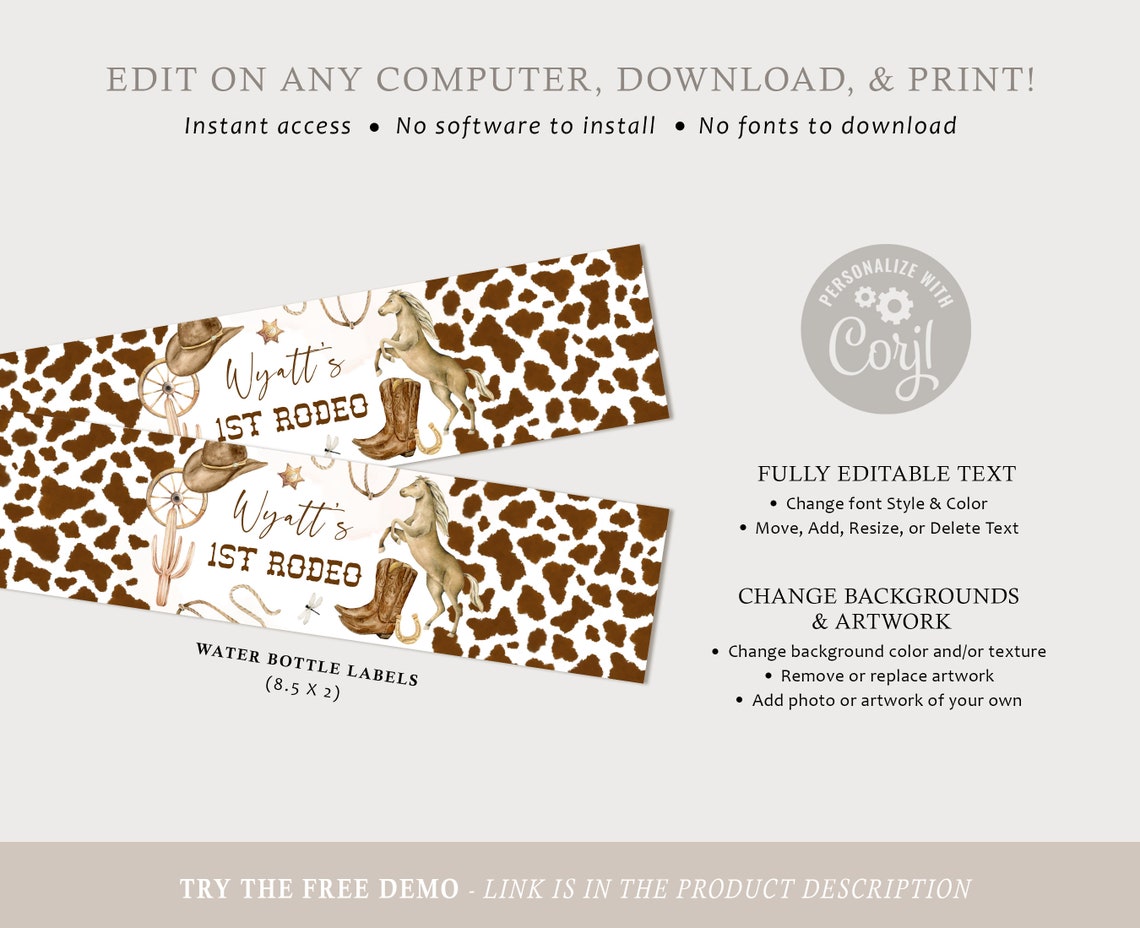My FIRST RODEO Water Bottle Labels Template, Western Cowboy Custom ...
