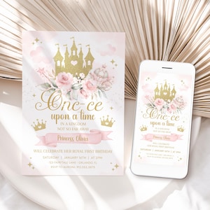 PRINCESS Birthday Invitation Template, First Birthday Princess Invitation, Once Upon A Time Digital Invitation,Pink 1st Birthday Invite BD68