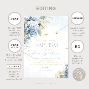 K&ouml;nnte beinhalten: Eine blaue und wei&szlig;e Taufeinladung mit einem Aquarell-Blumendesign. Die Einladung enth&auml;lt den Text "Bitte feiern Sie mit uns die Taufe unseres Sohnes Adam Jacobson" und Details zur Veranstaltung. Die Einladung ist mit Corjl anpassbar.