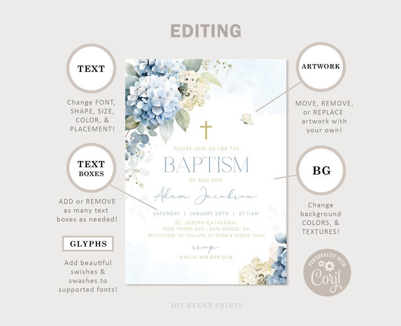 K&ouml;nnte beinhalten: Eine blaue und wei&szlig;e Taufeinladung mit einem Aquarell-Blumendesign. Die Einladung enth&auml;lt den Text "Bitte feiern Sie mit uns die Taufe unseres Sohnes Adam Jacobson" und Details zur Veranstaltung. Die Einladung ist mit Corjl anpassbar.