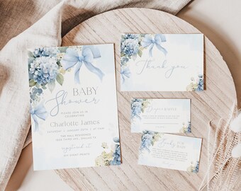 BLUE BOW Baby Shower Invitation Template, Blue Baby In Bloom Invitation, Blue Floral Baby Shower Invite, Boy Baby In Bloom Invitation BS107
