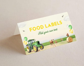 May include: Green and yellow food labels with the text "FOOD LABELS" and "Add your own text". The labels feature a cartoon green tractor, hay bales, cows, and balloons.