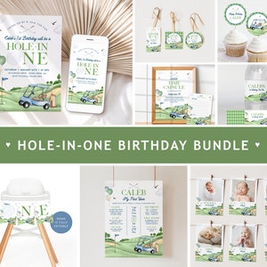 HOLE-IN-ONE First Birthday Invitation Bundle, Golf First Birthday Invitation Template, Hole In One Birthday Invite, Golf Birthday Decor BD41