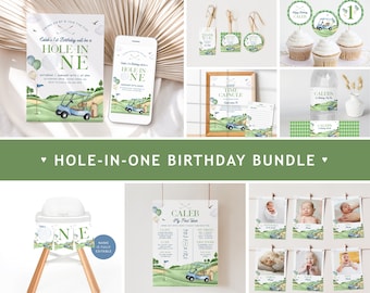 May include: A golf-themed first birthday party printable bundle with a green, white, and blue color scheme. The bundle includes invitations, a time capsule, a high chair banner, a first year milestone poster, and photo booth props. The text on the invitations reads "Caleb's 1st Birthday will be a Hole-in-One".