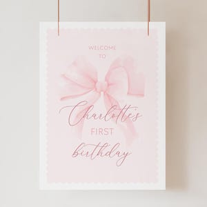 Coquette PINK BOW First Birthday Welcome Sign Template, Pink Ribbon First Birthday, 1st Birthday Decor, Pink 1st Birthday Signs BD57
