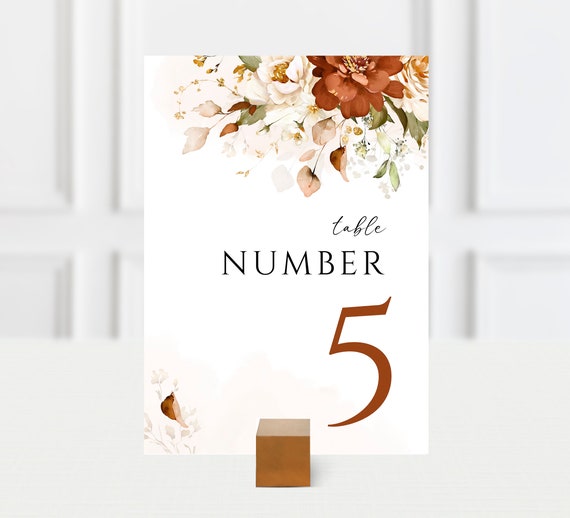 Terracotta Rust Table Numbers Wedding Template - Terracotta Wedding Table Numbers Printable - Burnt Orange Wedding Table Cards - 5x7 & 4x6