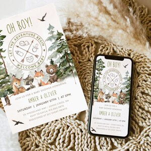 May include: A baby shower invitation with a woodland theme. The invitation features a watercolor illustration of a forest with animals, including a fox, a raccoon, a deer, and a bear. The text on the invitation reads "Oh Boy! Let the Adventure Begin. Welcome Baby." The invitation also includes the names "Amber & Oliver" and the date and time of the baby shower.