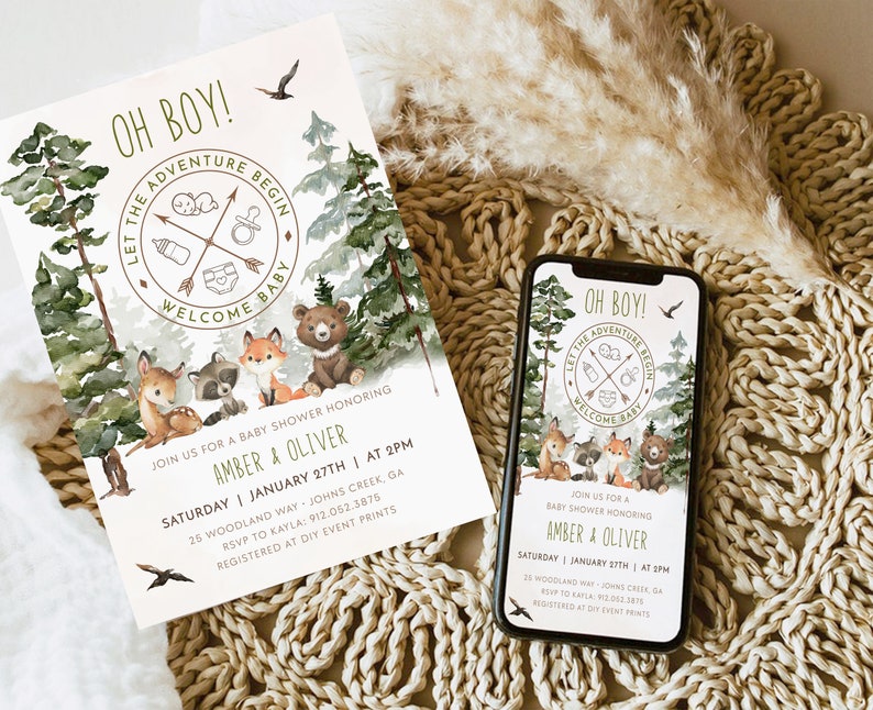 May include: A baby shower invitation with a woodland theme. The invitation features a watercolor illustration of a forest with animals, including a fox, a raccoon, a deer, and a bear. The text on the invitation reads "Oh Boy! Let the Adventure Begin. Welcome Baby." The invitation also includes the names "Amber & Oliver" and the date and time of the baby shower.