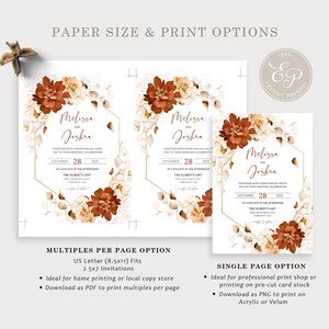 May include: Wedding invitation template featuring a floral design in shades of brown, white, and gold. The text reads "Melissa and Joshua" with the date "September 28, 2021". The invitation includes the time and location of the wedding ceremony. The template is available in two sizes: US Letter (8.5x11) and 5x7 inches.
