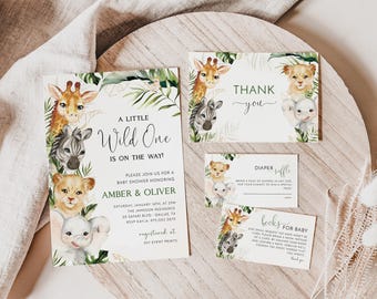SAFARI Baby Shower Invitation Template Set, JUNGLE Baby Shower Evite, Greenery Giraffe Baby Shower Invitation, Elephant Baby Shower Invite