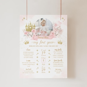 PRINCESS Birthday First Birthday Milestone Board Template, Pink 1st Birthday Babys First Year Milestone Poster Princess Birthday Decor BD68