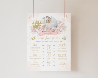 May include: A pink and gold printable first birthday milestone poster with a photo of a baby girl. The poster includes details about the baby's first year, including weight, height, firsts, and favorite foods. The poster is decorated with a castle, flowers, and crowns.