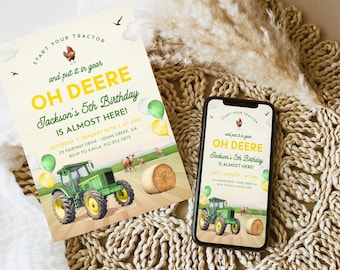 May include: A green and yellow tractor birthday invitation with a rooster, hay bales, and the text "Start your tractor and put it in gear Oh Deere Jackson's 5th Birthday is almost here!"  The invitation includes the date, time, and RSVP information.